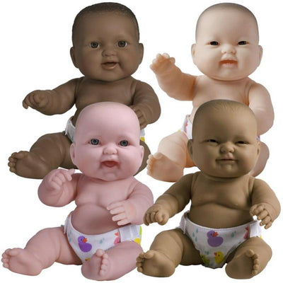 Four 14-inch all-vinyl baby dolls with various expressions and wearing colorful diapers, showcasing diverse features.