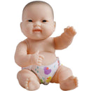 14-inch all-vinyl baby doll with a happy expression, wearing a printed diaper featuring colorful ducks.