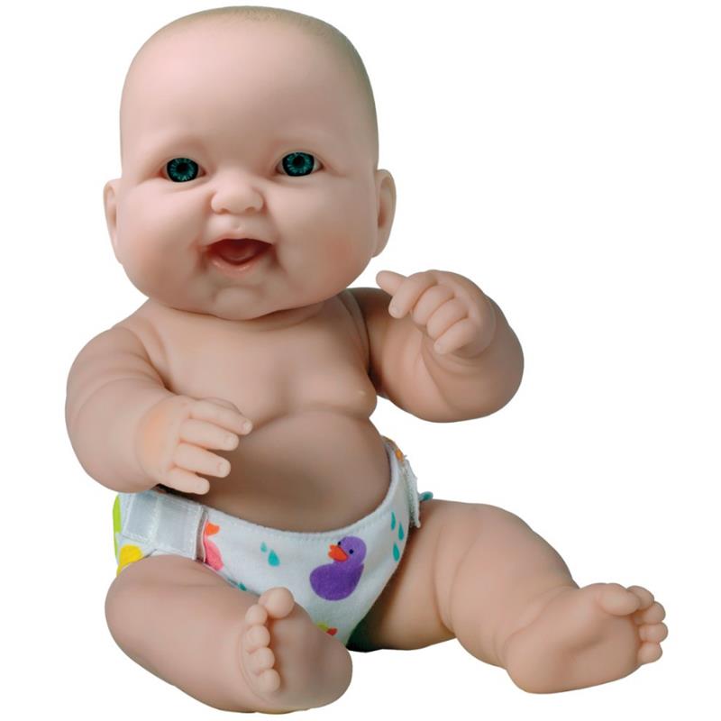 14-inch all-vinyl baby doll with blue eyes, smiling expression, and colorful diaper featuring duck designs.