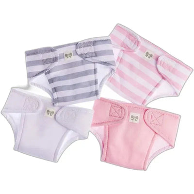 Four eco-friendly baby doll diapers in pink and gray stripes, designed to fit dolls sized 14 to 18 inches.
