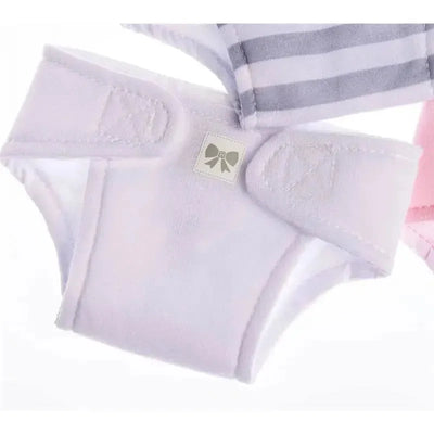 Baby doll reusable eco diapers in pink and purple, adjustable fit for dolls 14 to 18 inches, featuring a ribbon logo.