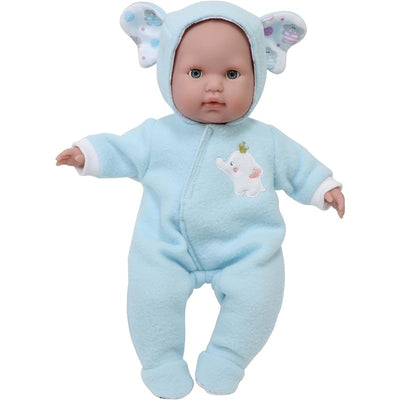 Blue elephant-themed hooded onesie outfit for a baby doll, featuring embroidered elephant and polka dot ear details.