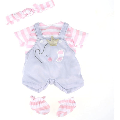 Gray overall shorts with pink stripes, featuring an elephant design, a matching striped shirt, a headband, and booties.