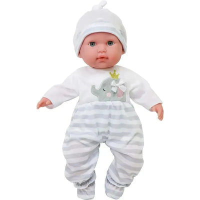 Gray striped long onesie baby doll outfit featuring an elephant design with a crown, suitable for ages 2 and up.