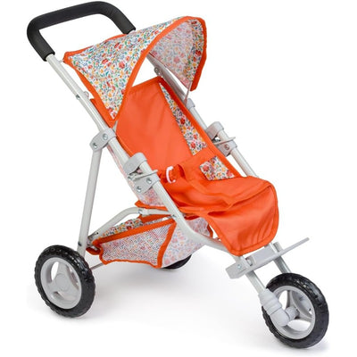 Nature-themed orange jogger stroller with floral fabric accents, designed for dolls by JC Toys Berenguer Boutique.