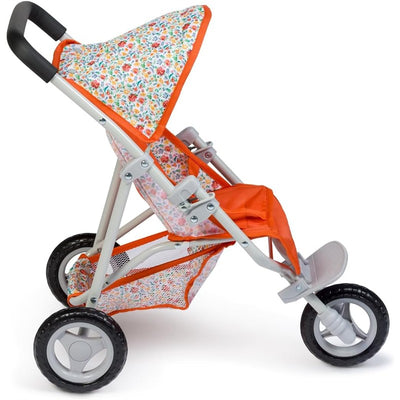 Nature-themed jogger stroller with a floral-patterned canopy and orange accents, designed for dolls.