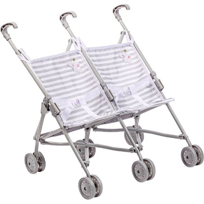 Twin umbrella baby doll stroller in gray with striped fabric and a unicorn design, suitable for two dolls.