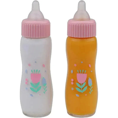 Deluxe Disappearing Magic Bottles in pink, featuring milk and juice designs with floral patterns, suitable for all dolls.