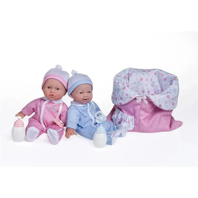 Soft body twin baby dolls in pink and blue outfits, with bottles and a reversible sleeping bag.
