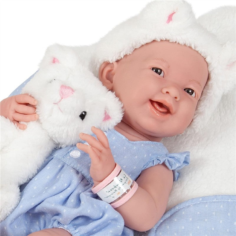 JC Toys La Newborn All-Vinyl Baby Doll Blue Onesie & White Cat Theme with Animal Friend Image 2