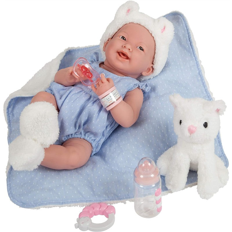 JC Toys La Newborn All-Vinyl Baby Doll Blue Onesie & White Cat Theme with Animal Friend Image 3