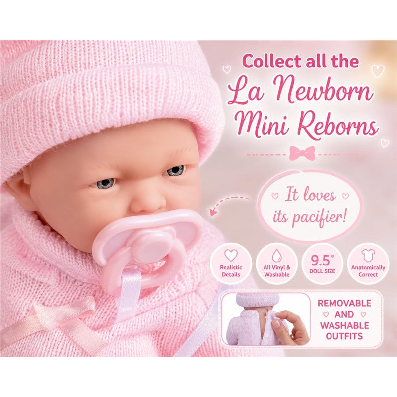 JC Toys Mini La Newborn 9.5 All-Vinyl Baby Doll in Pink Knit Onesies Image 5