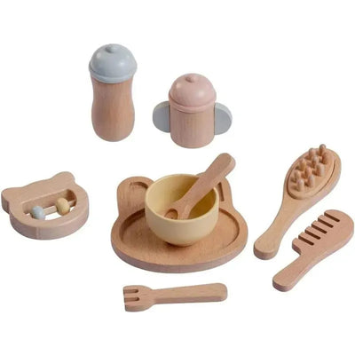 Wooden baby care set featuring a bowl, spoon, brush, comb, fork, and two containers in pastel colors, all on a bear-shaped tray.