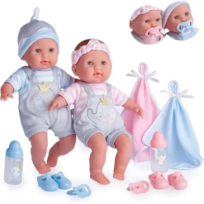 Twins soft body baby dolls wearing overalls, with accessories including bottles, pacifiers, and two blankets, suitable for ages 2+.