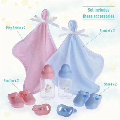 12-piece gift set for JC Toys Twins Soft Body Baby Dolls, including blankets, bottles, pacifiers, and shoes.