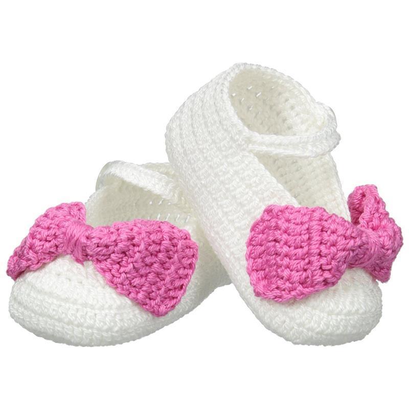 Jefferies Socks Baby-Girls Newborn Mary Jane Bow Crochet Bootie, White/Bubblegum Image 1