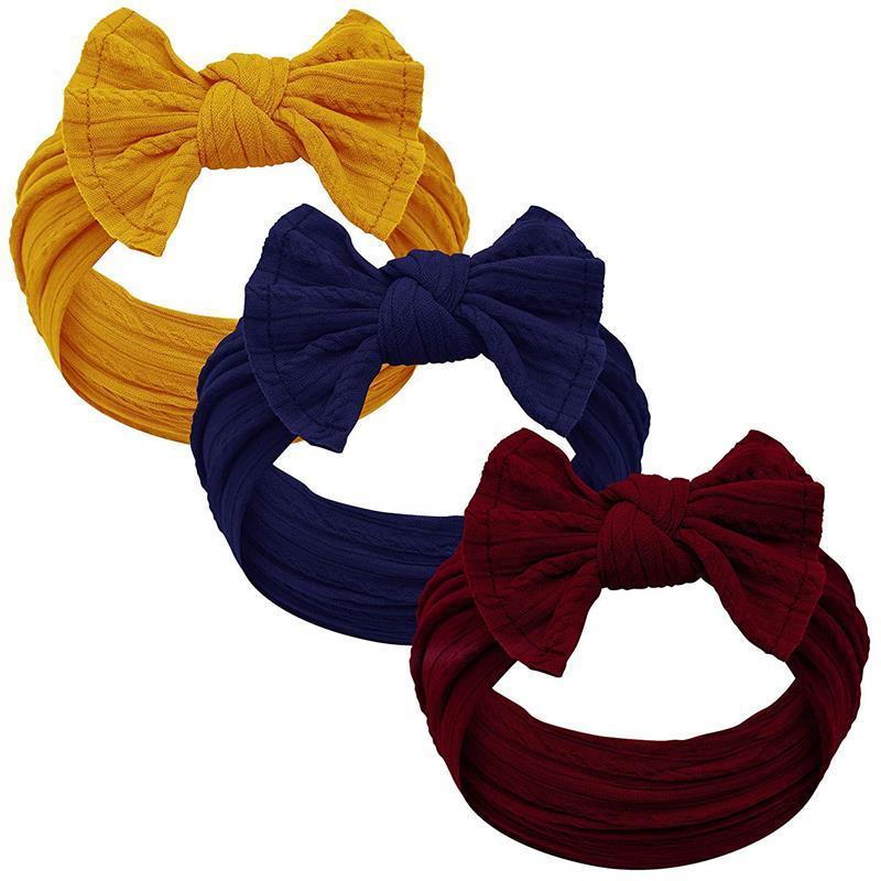 Jlika - Thick Nylon Texture Bow 3 Headbands, Mustard/Navy/Burgundy Image 1