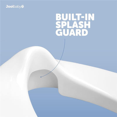 Toilet training seat by Jool Baby in white, featuring a built-in splash guard highlighted against a light blue background.