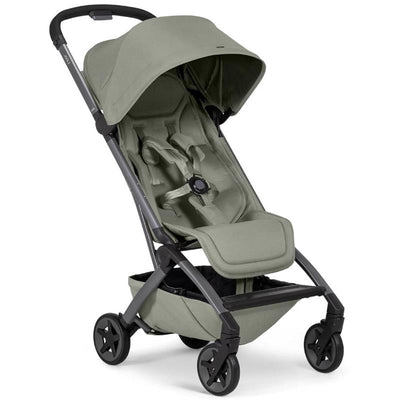Lightweight Joolz Aer² compact stroller in sage green, featuring a large canopy, adjustable seat, and durable wheels.