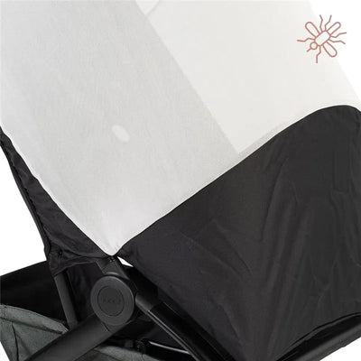 Joolz Aer mosquito net attached to a stroller, featuring a mesh design and a black lower section for insect protection.