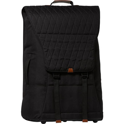Black quilted travel bag designed for airplane or car transport, featuring adjustable straps and a top handle.