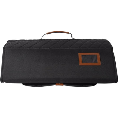 Travel bag for airplane or car; features a quilted black fabric design, a brown handle, and a clear pocket.