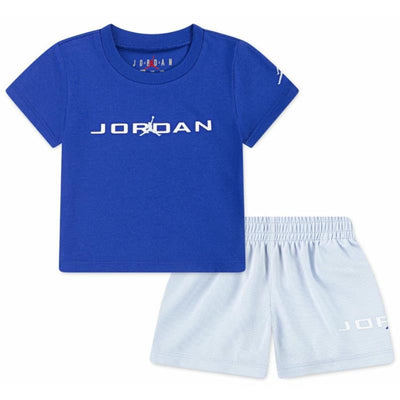 Blue Jordan t-shirt with white logo paired with light blue mesh shorts, ideal for toddlers.
