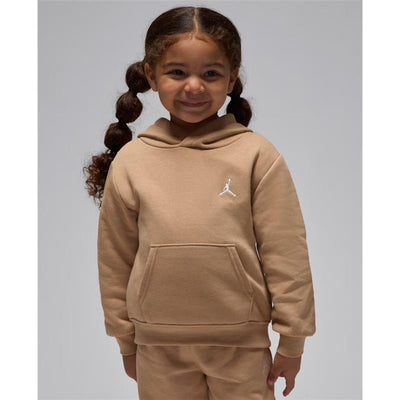 Kids wearing a tan Jordan fleece set with a hood, featuring the Jumpman logo on the chest and a smiling expression.