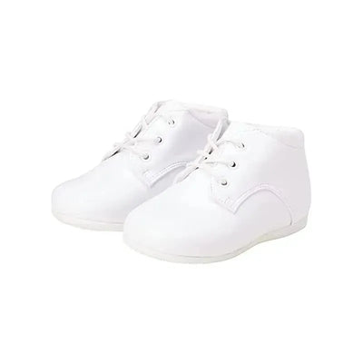 White high top ankle support walking shoes for baby boys, featuring laces and a smooth leather-like finish.