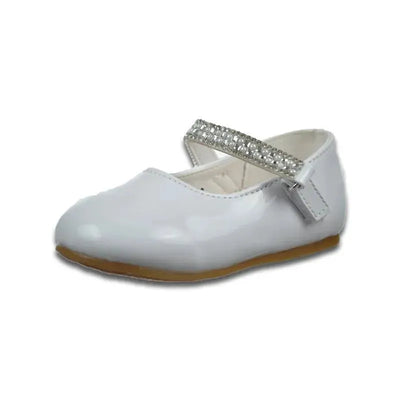 White baby girl christening shoe with a shiny finish and a decorative rhinestone strap.