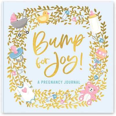 Bump for Joy! A Pregnancy Journal in blue, featuring gold lettering and decorative illustrations of baby items and greenery.
