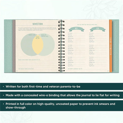 Pregnancy journal open to a page for brainstorming baby names, featuring a Venn diagram and sections for boy and girl name picks.