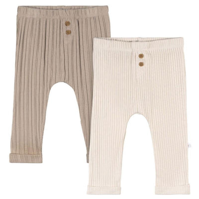 Two pairs of baby pants in neutral tan and cream colors, featuring a ribbed design and button detailing at the waist.