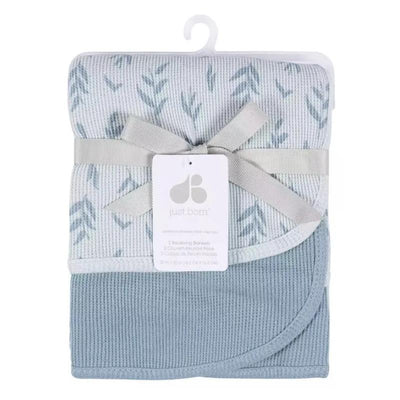 Just Born - 2Pk Cotton Baby Blanket Boy Blue Leaf Image 1