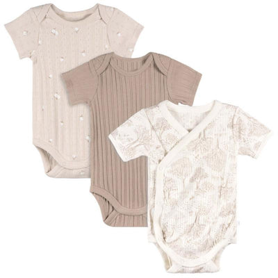 Neutral brown print baby bodysuits featuring textured and patterned designs; includes three styles for infants.