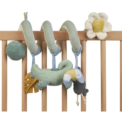 Multi-activity spiral toy featuring a green crocodile, toucan, round ball, and flower, designed for crib attachment.