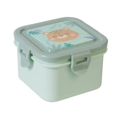 Small Kalencom lunch box in light green with a cheetah-themed lid and playful design featuring leaves.