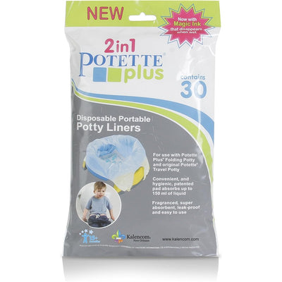 Kalencom Potette Plus Potty Liners pack, containing 30 disposable liners for travel potties, featuring product details and a child image.