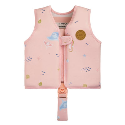 Kalencom Saro Swim Vest for Kids in pink, featuring colorful marine-themed designs and a secure front zipper.