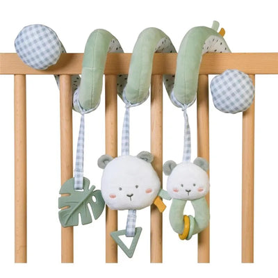 Multi-activity spiral featuring plush bear toys, a leaf, and a triangle for baby play, in hunter mint colors.