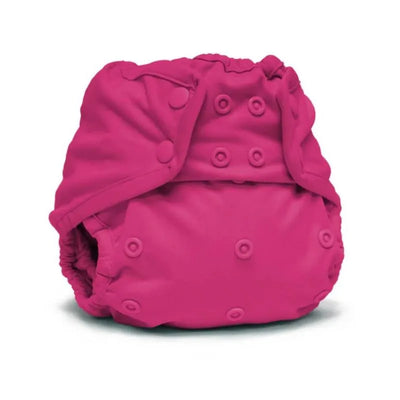 One Size cloth diaper cover in bright pink, featuring adjustable snaps and soft elastic leg openings.