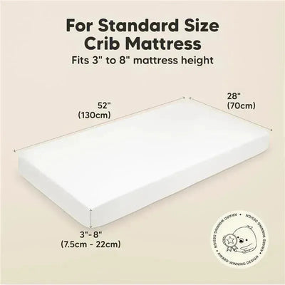 Organic cotton fitted crib sheet dimensions for standard cribs, fitting mattress heights of 3 to 8 inches.