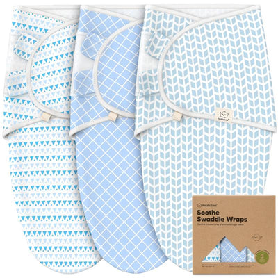 Three blue patterned swaddles from Keababies, designed for soothing newborns, displayed with packaging.
