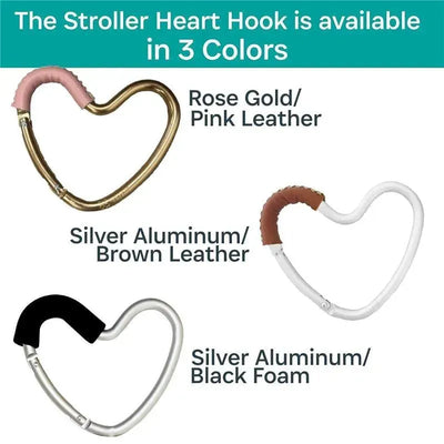 Stroller Heart Hook in three colors: Rose Gold/Pink Leather, Silver Aluminum/Brown Leather, and Silver Aluminum/Black Foam.