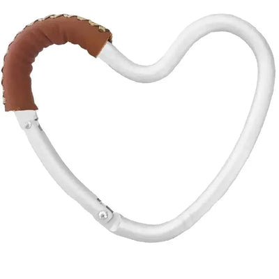 Heart-shaped hook with silver aluminum frame and brown leather grip, designed for attaching items to strollers.