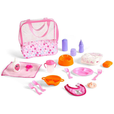 Doll care playset including a pink floral carrier, bowls, utensils, a bib, bottles, and a toy lotion bottle.