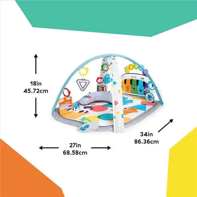 Colorful baby gym with play mat featuring interactive toys, musical elements, and dimensions: 34in x 27in x 18in.
