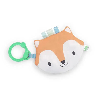 Crinkle toy designed as a fox, featuring a smiling face, green plastic ring, and colorful tag ribbons.