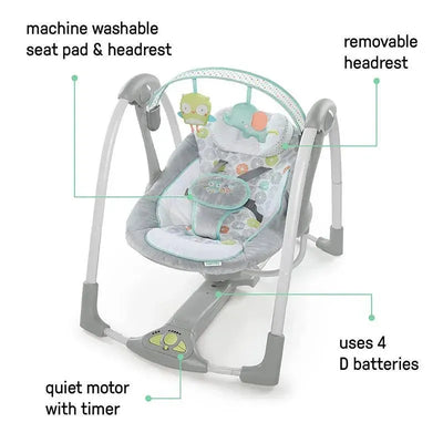 5-speed portable baby swing with a machine-washable seat, removable headrest, quiet motor, and timer functions.