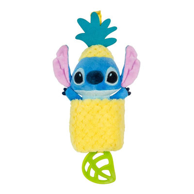 Stitch plush toy in a pineapple costume with a green leaf attachment, designed as a sensory plaything for babies.